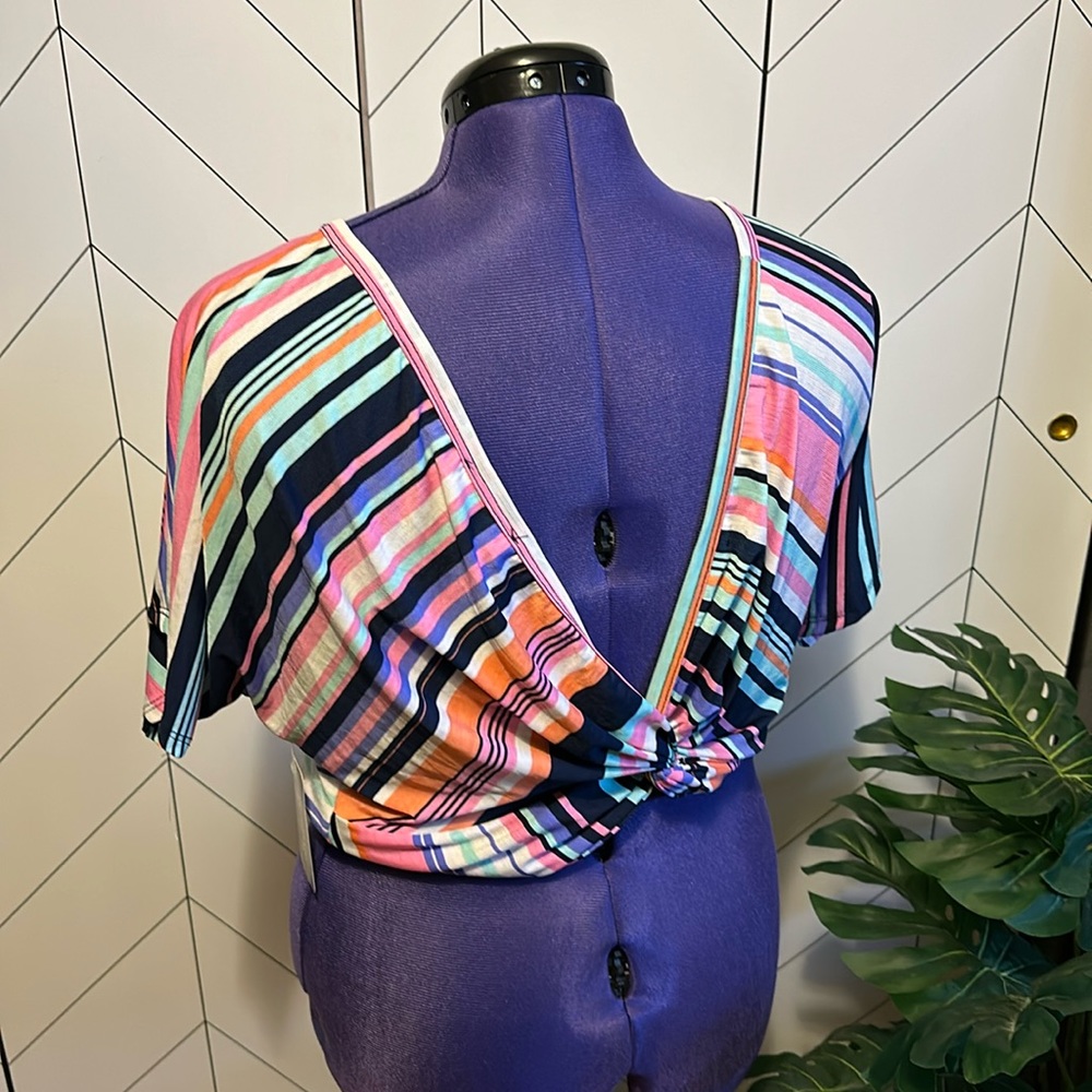 Swank Backless Stretch Stripe Pink Orange Green Crop Shirt Top Women Large